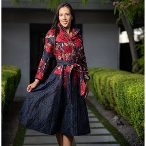 Samuel Dong Red and Blue A-Line Peplum Dress